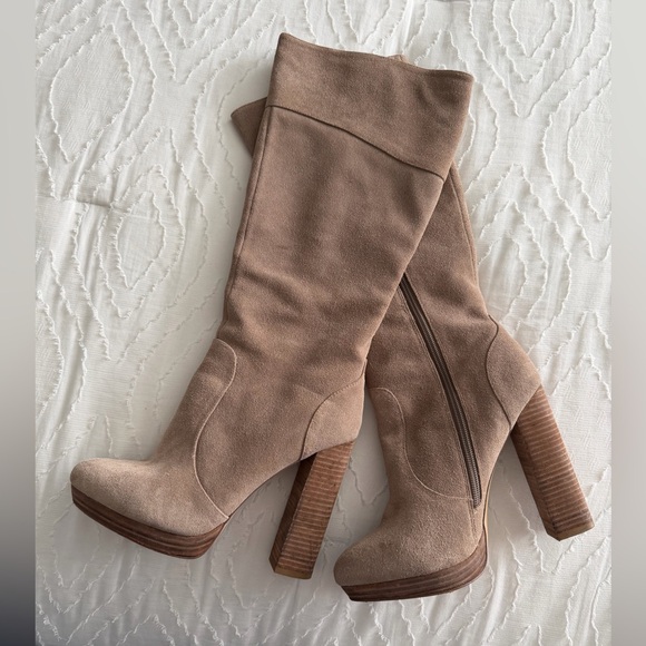 BCBGMaxAzria Shoes - BCBGMaxAzria Taupe Suede Knee-High Platform Block Heel Boots